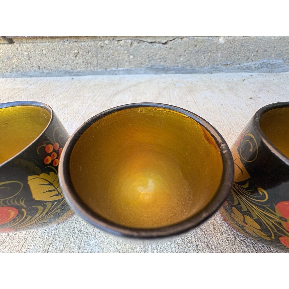 Vintage USSR Russian Khokhloma 5 Piece Lacquer Bowl Cups & Large 12" Ladle Spoon - Picture 16 of 16